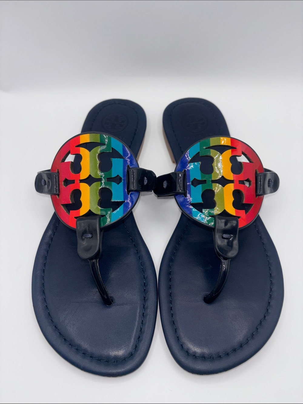 Tory Burch Navy Sandals with Multicolor Rainbow Logo